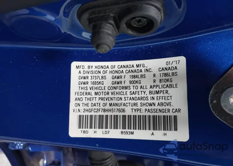 2017 Honda Civic Ex from USA, damaged, VIN 2HGFC2F78HH517606